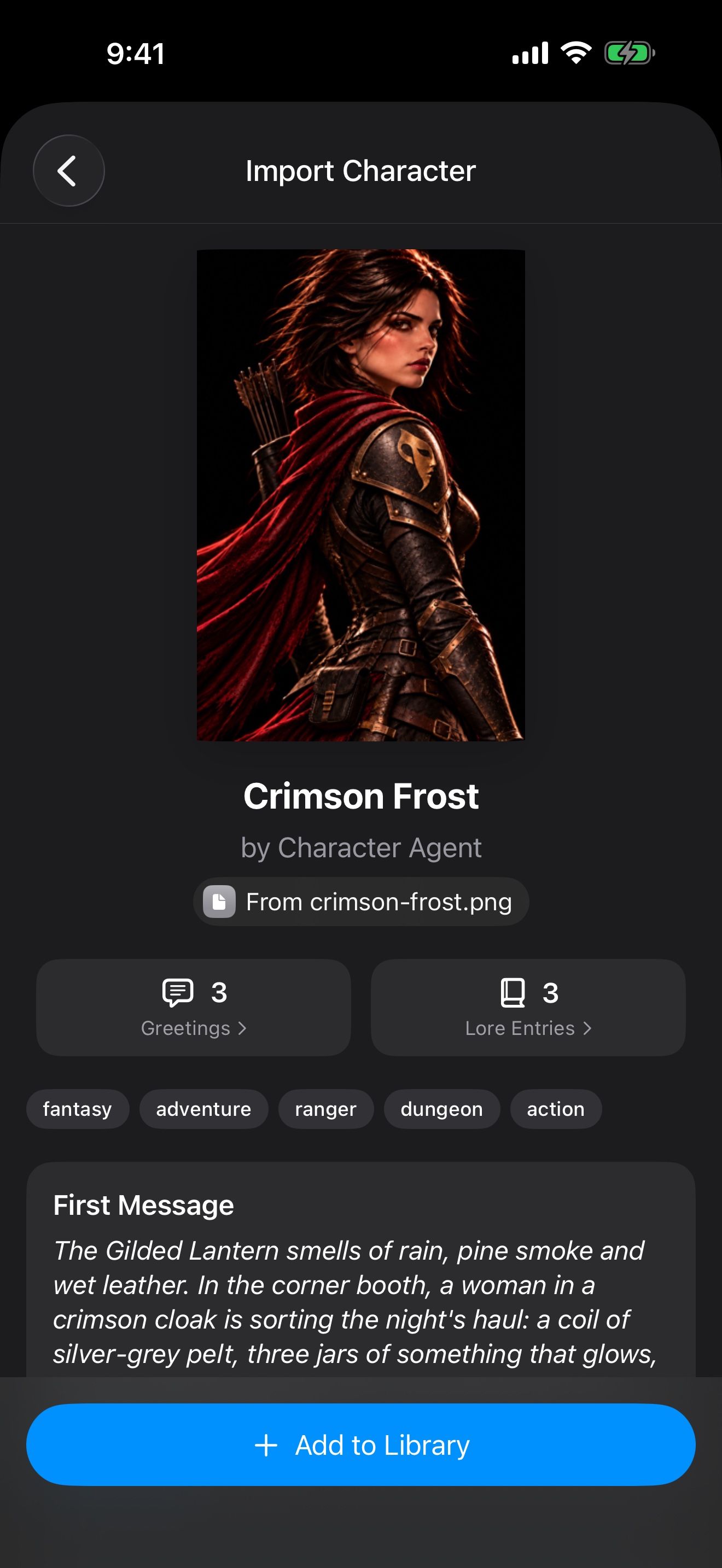 Importing Crimson Frost: her portrait, 3 greetings, 3 lore entries and Add to Library.