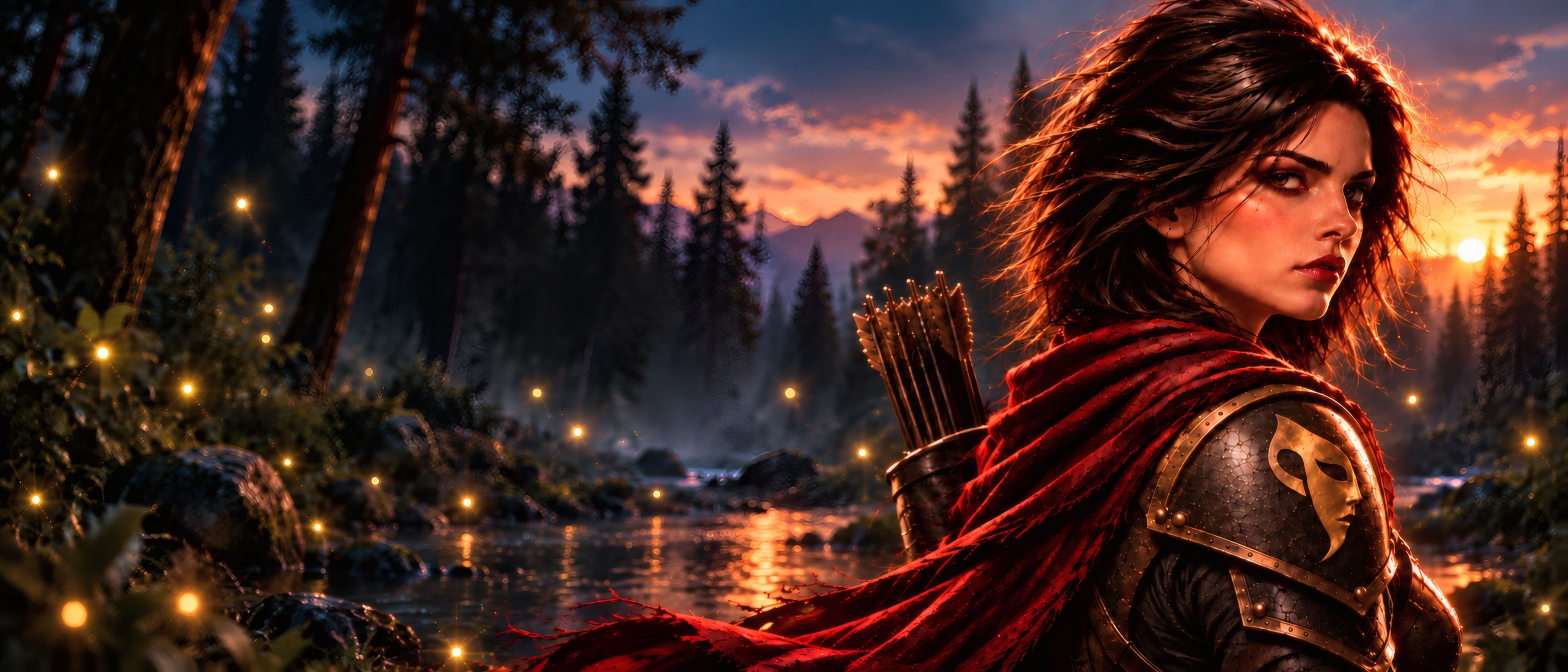 Crimson Frost, a ranger in a red cloak, looks back over her shoulder by a forest stream at sunset.